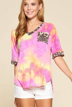 Load image into Gallery viewer, Tie Dye V Neck Animal Print Pocket Top: Fuchsia