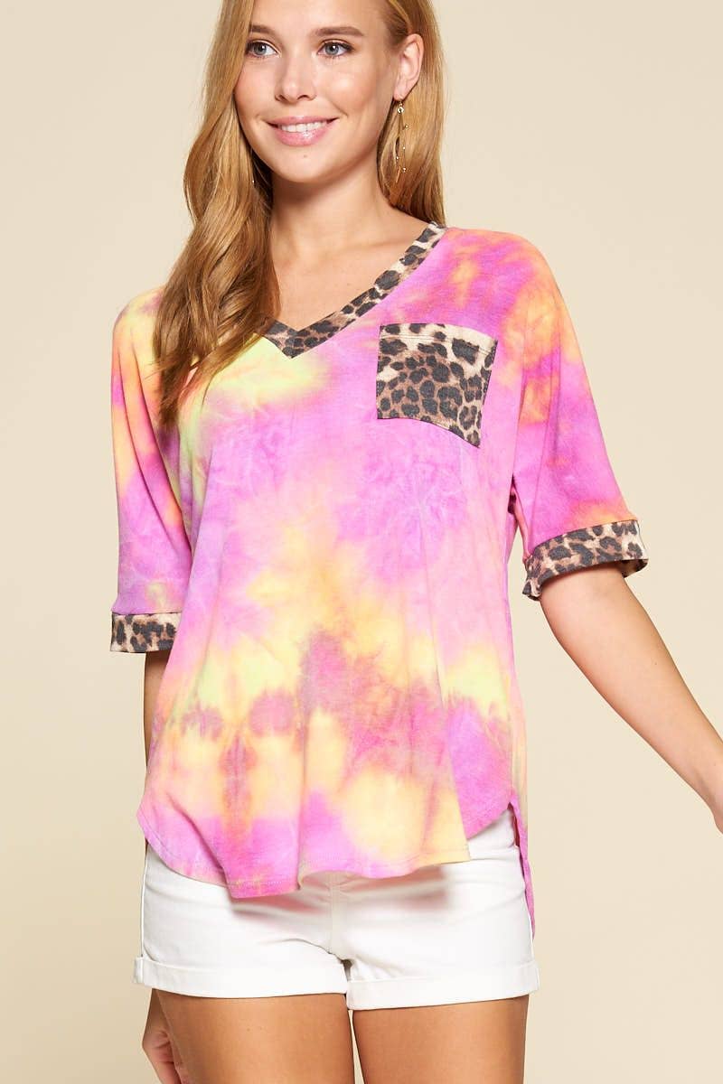 Tie Dye V Neck Animal Print Pocket Top: Fuchsia