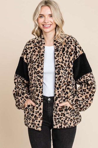 Print Faux Fur Solid Contrast Sleeve Band Jacket: LEOPARD PRINT