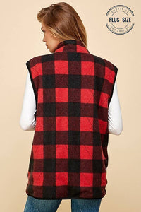 PLUS SIZE REVERSIBLE PLAID ZIP UP POCKET VEST: BLACK/RED