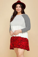 Load image into Gallery viewer, Plus Size Cute Polka Dot And Animal Print Contrast Swing Tiered Dress