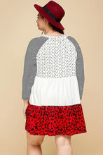 Load image into Gallery viewer, Plus Size Cute Polka Dot And Animal Print Contrast Swing Tiered Dress