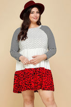 Load image into Gallery viewer, Plus Size Cute Polka Dot And Animal Print Contrast Swing Tiered Dress