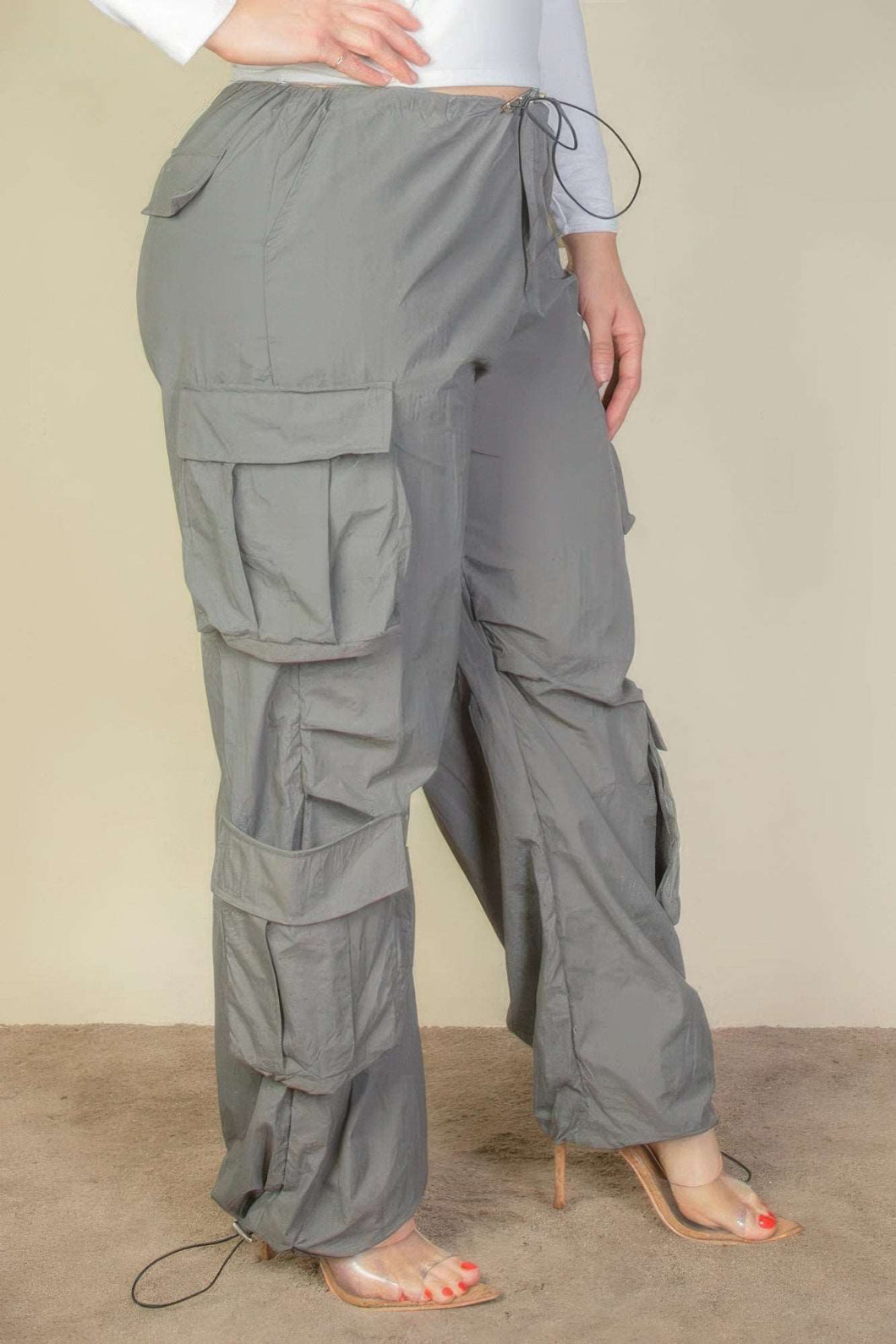 Plus Size Flap Pockets Drawstring Ruched Parachute Pants