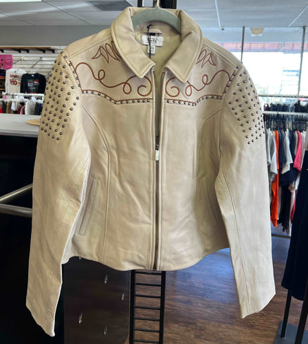 Myra Bag Beige Embroidered Studded LEATHER JACKET Size L