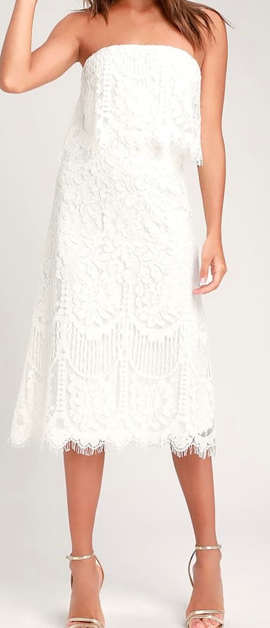 Lulu's Delia White Lace Strapless Midi Dress Women’s size M