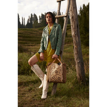 Load image into Gallery viewer, Prairie Spree Bohemian Messenger Bag In Canvas And Leather Upcycled With Floral Cutouts And Zippered Pocket