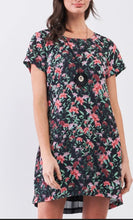 Load image into Gallery viewer, Black multicolor floral print pleated back detail relaxed mini dress