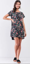 Load image into Gallery viewer, Black multicolor floral print pleated back detail relaxed mini dress