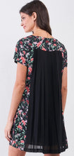 Load image into Gallery viewer, Black multicolor floral print pleated back detail relaxed mini dress