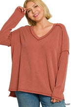 Load image into Gallery viewer, ZENANA PLUS RAISED RIB LONG SLEEVE HI-LOW V NECK TOP