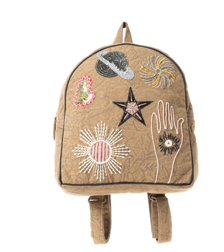 BOHO COSMIC UPCYCLED CANVAS BACKPACK IN VINTAGE TAUPE Myra Bag
