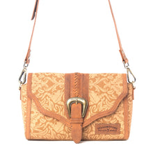 Load image into Gallery viewer, Yellowstone Maverick Sky Crossbody With Buckle In Amber Western Upcycled Canvas Purse With Embossed Floral Design