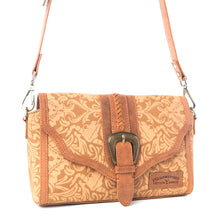 Load image into Gallery viewer, Yellowstone Maverick Sky Crossbody With Buckle In Amber Western Upcycled Canvas Purse With Embossed Floral Design