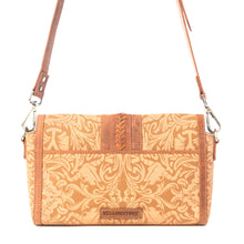 Load image into Gallery viewer, Yellowstone Maverick Sky Crossbody With Buckle In Amber Western Upcycled Canvas Purse With Embossed Floral Design