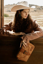 Load image into Gallery viewer, Yellowstone Maverick Sky Crossbody With Buckle In Amber Western Upcycled Canvas Purse With Embossed Floral Design