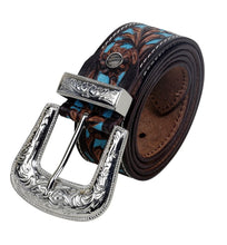 Load image into Gallery viewer, TURQUOISE HAND-TOOLED LEATHER WOMEN&#39;S BELT