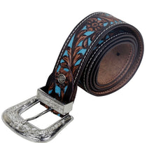Load image into Gallery viewer, TURQUOISE HAND-TOOLED LEATHER WOMEN&#39;S BELT