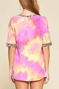 Tie Dye V Neck Animal Print Pocket Top: Fuchsia