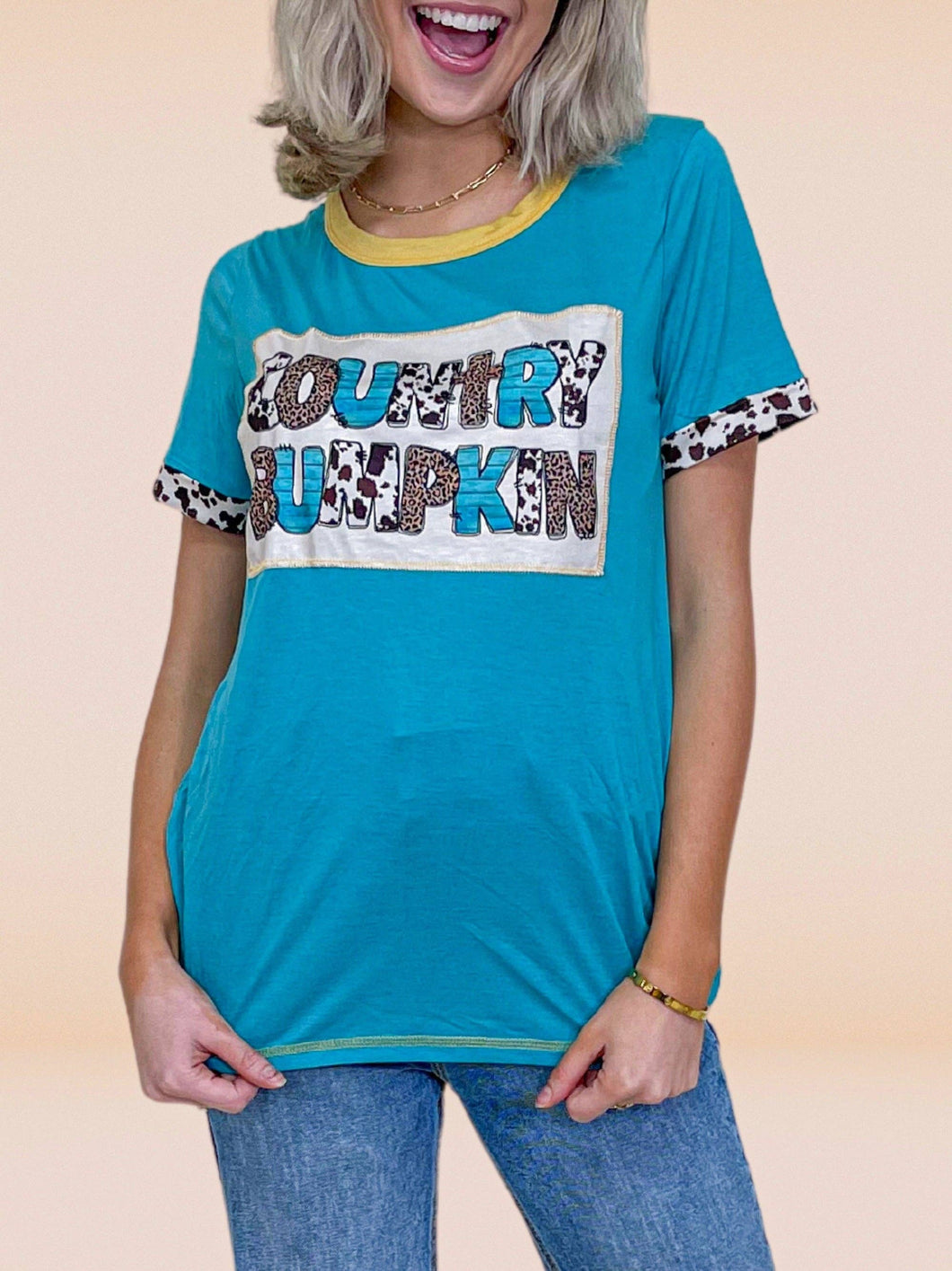 Country Bumpkin Patch Turquoise Ringer Tee: Turquoise