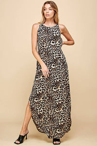 WOMEN LEOPARD SLEEVELESS MAXI SLIT DRESS: BROWN COMBO