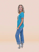 Load image into Gallery viewer, Country Bumpkin Patch Turquoise Ringer Tee: Turquoise