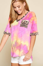 Load image into Gallery viewer, Tie Dye V Neck Animal Print Pocket Top: Fuchsia