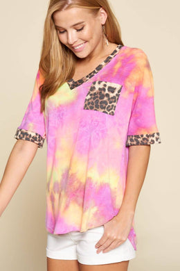 Tie Dye V Neck Animal Print Pocket Top: Fuchsia