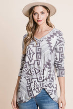 Load image into Gallery viewer, AZTEC PRINT SIDE TWIST WAFFLE TOP: Ivory/Grey