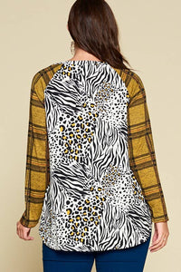 Plus Size Animal Print Casual Top with Plaid: Ivory/Mustard