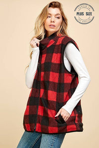 PLUS SIZE REVERSIBLE PLAID ZIP UP POCKET VEST: BLACK/RED