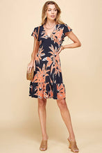 Load image into Gallery viewer, WOMEN FLORAL PRINT V NECK SUMMER DRESS WITH RUFFLE: ORANGE/NAVY