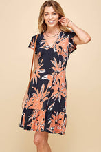 Load image into Gallery viewer, WOMEN FLORAL PRINT V NECK SUMMER DRESS WITH RUFFLE: ORANGE/NAVY