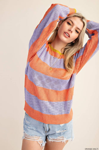 TEXTURE THREAD STRIPE LONG SLEEVE LOOSE FIT SWEATER: ORANGE-MULTI / S