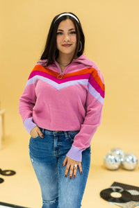 Vintage Vibes Pink Quarter Zip Sweater: Pink / X-Small