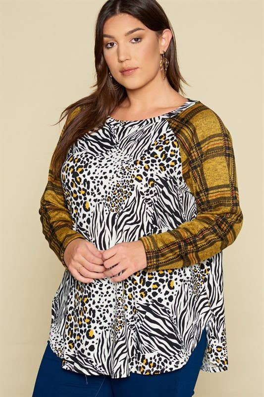 Plus Size Animal Print Casual Top with Plaid: Ivory/Mustard