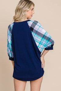 Plaid Bubble Sleeves Top: Navy Blue