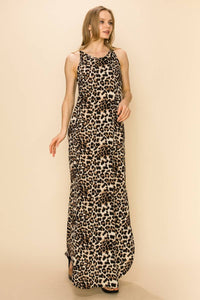 WOMEN LEOPARD SLEEVELESS MAXI SLIT DRESS: BROWN COMBO