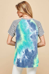 WOMEN TIE DYE COLOR BLOCK ROUND NECK T-SHIRT AQUA OR FUCHSIA