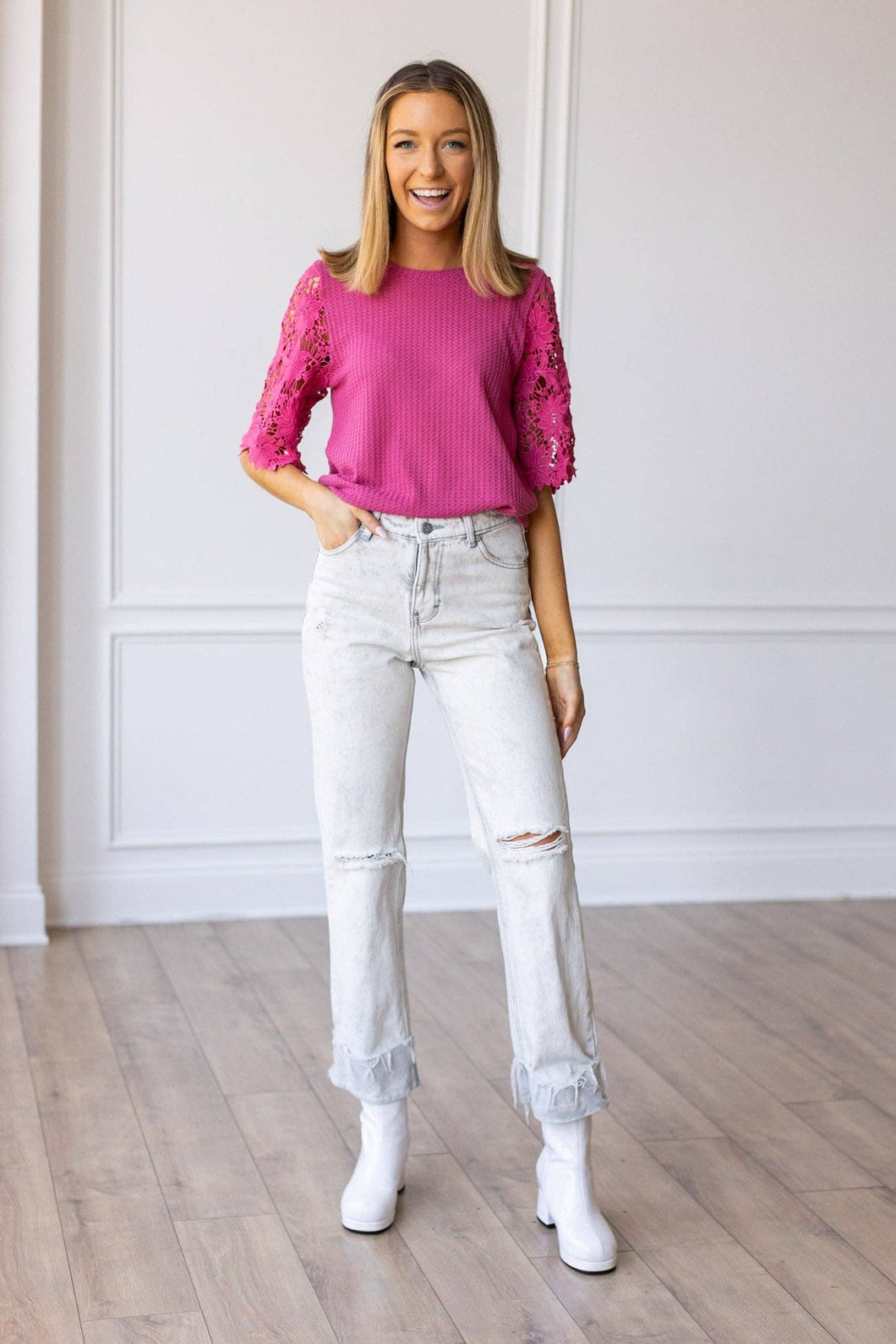 Garden Romance Waffle Knit Top in Pink: Pink / X-Small