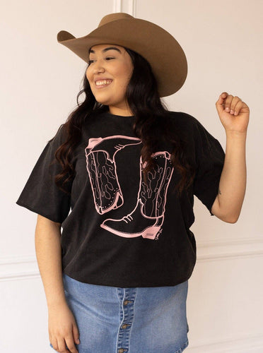 Pink Western Boots on Black Crewneck Tee: