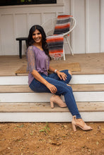 Load image into Gallery viewer, Montana Moon V-Neck Lace Short Sleeve Top in Charcoal Purple: Purple / 3X-Large