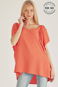 PLUS SOLID SHORT RUFFLE SLEEVE LOOSE FITTING TOP : CORAL