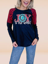 Load image into Gallery viewer, Buc-ee&#39;s Joy to the World on Black Long Sleeve &amp; Plaid Shoulders: Black / Small