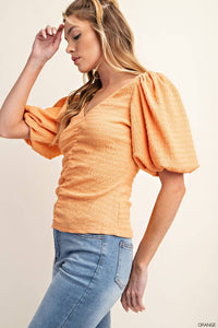 PUFF SLEEVES DEEP V-NECK KNIT TOP: ORANGE / M