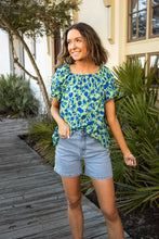 Load image into Gallery viewer, Suburban Azure Blossom Off-the-Shoulder Top: Green / X-Small
