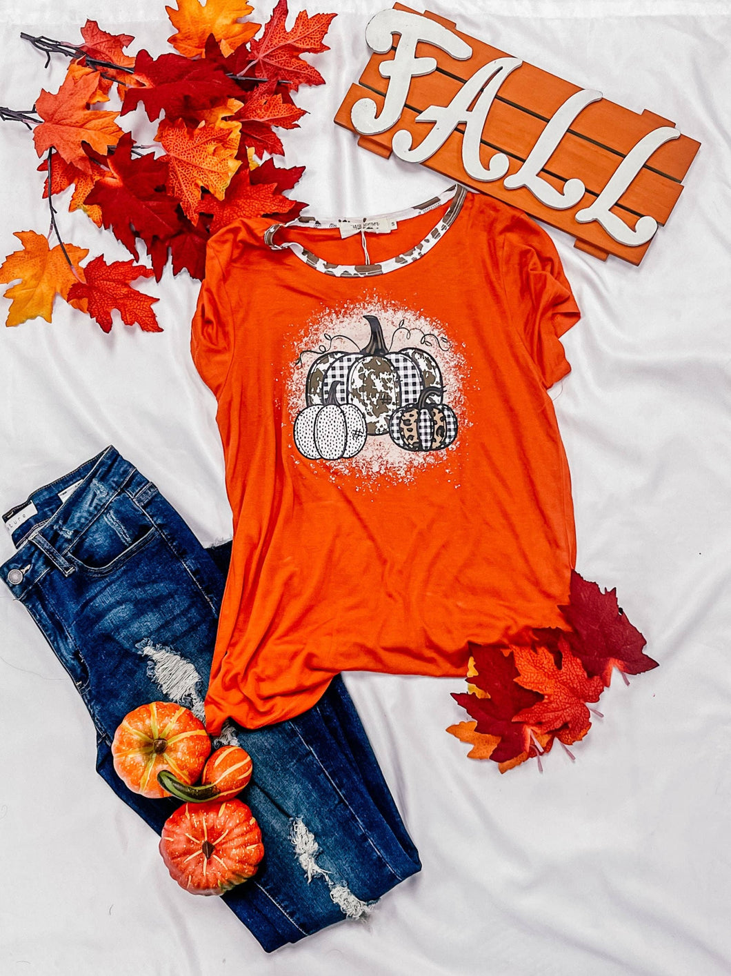 Triple Pumpkin Leopard, Cow & Orange Ringer Tee: Orange / Small