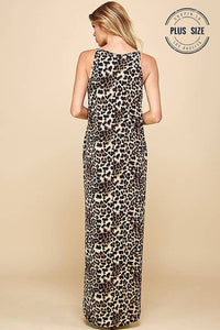 PLUS LEOPARD SLEEVELESS MAXI SLIT DRESS: BROWN COMBO