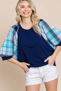 Plaid Bubble Sleeves Top: Navy Blue