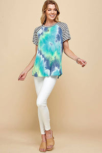 WOMEN TIE DYE COLOR BLOCK ROUND NECK T-SHIRT AQUA OR FUCHSIA